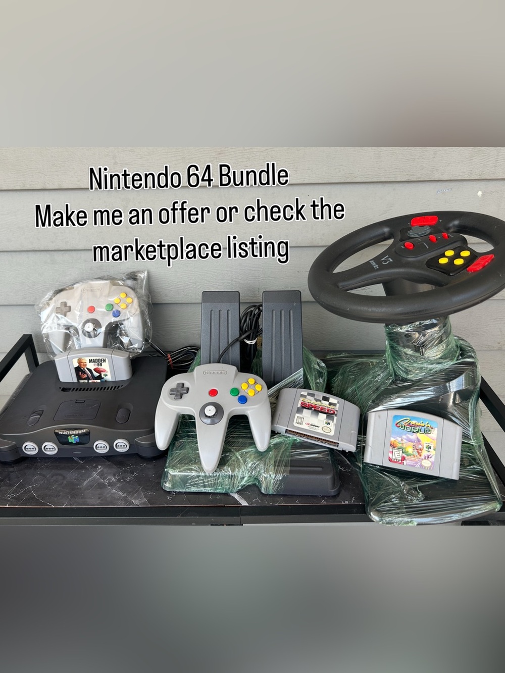 Nintendo N64 Console Bundle with Gray Controllers and Black Racing Wheel
